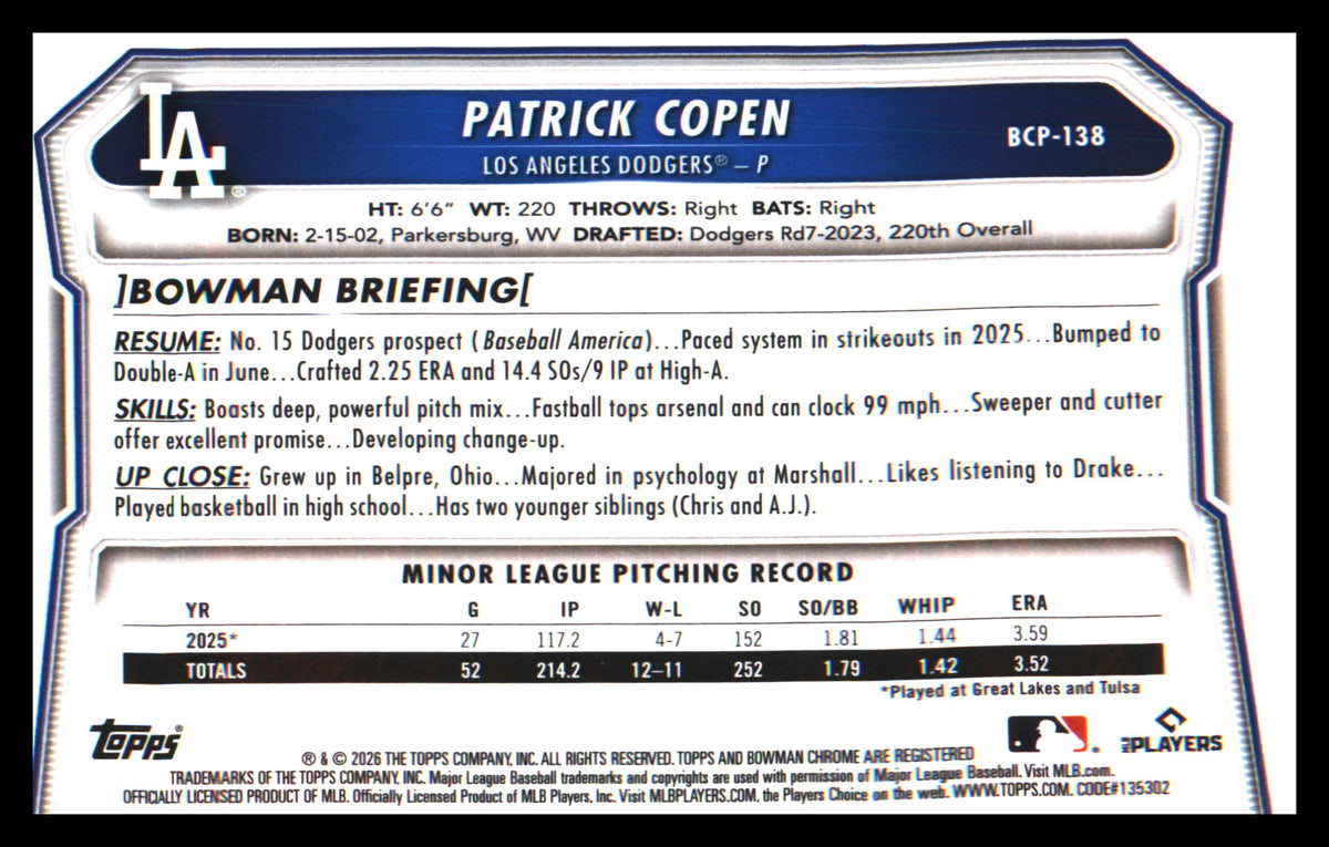 Baseball 2026 Bowman Chrome Prospects Reptilian Refractor #BCP-138 Patrick Copen