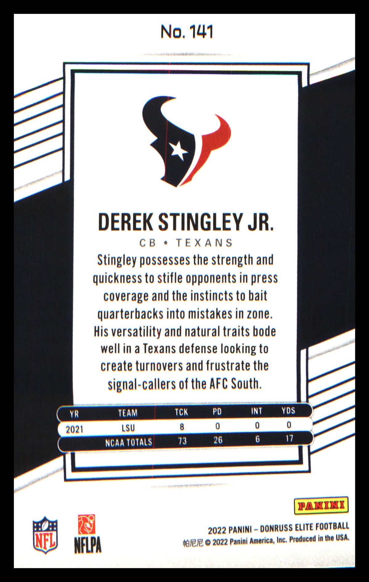 Football 2022 Donruss Elite 2002 Elite Rookies #2002-141 Derek Stingley Jr.