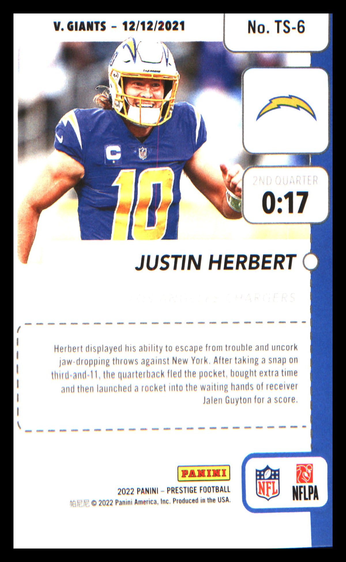 Football 2022 Panini Prestige Time Stamped #TS-6 Justin Herbert