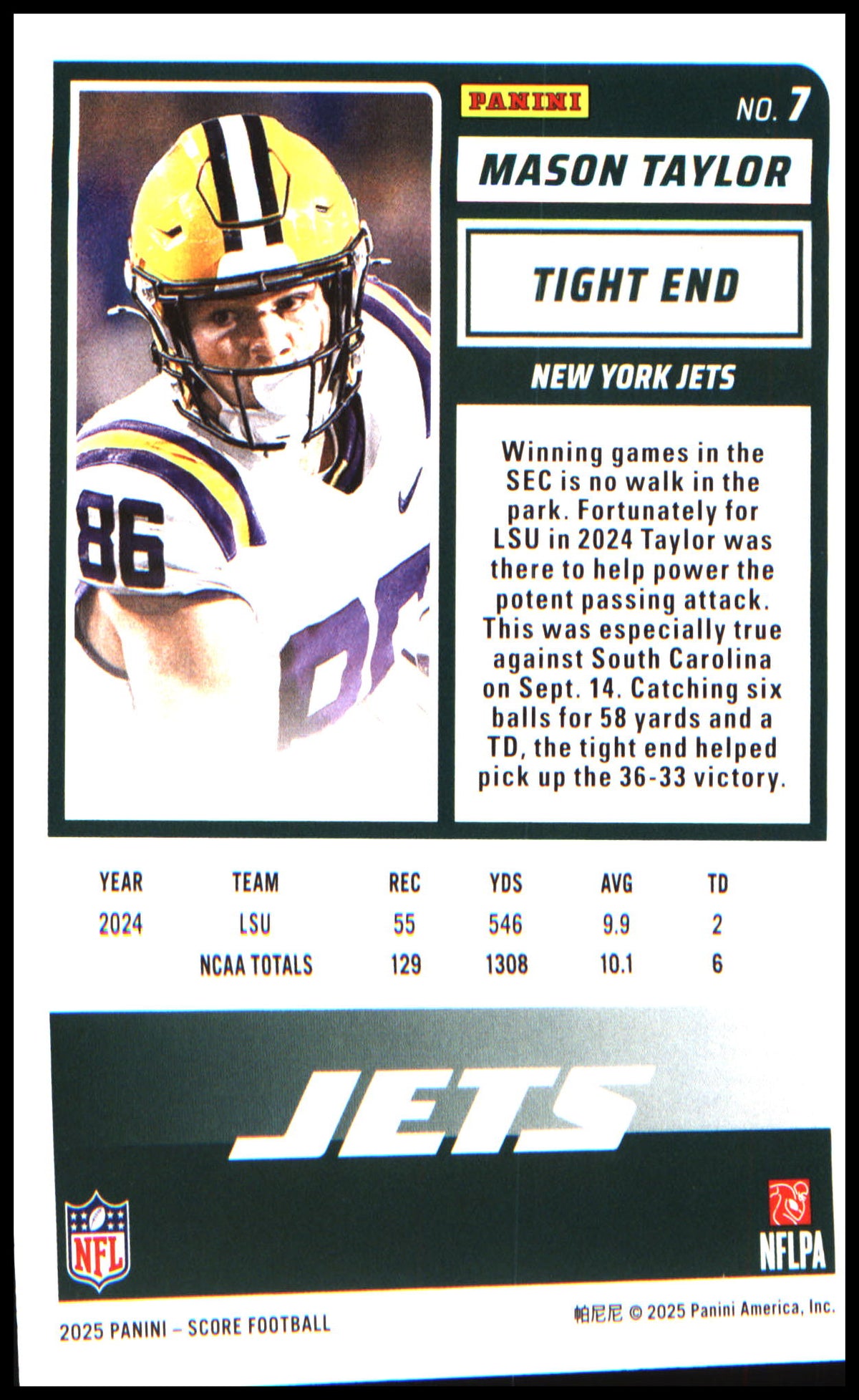 Football 2025 Score #7 Mason Taylor RC RC
