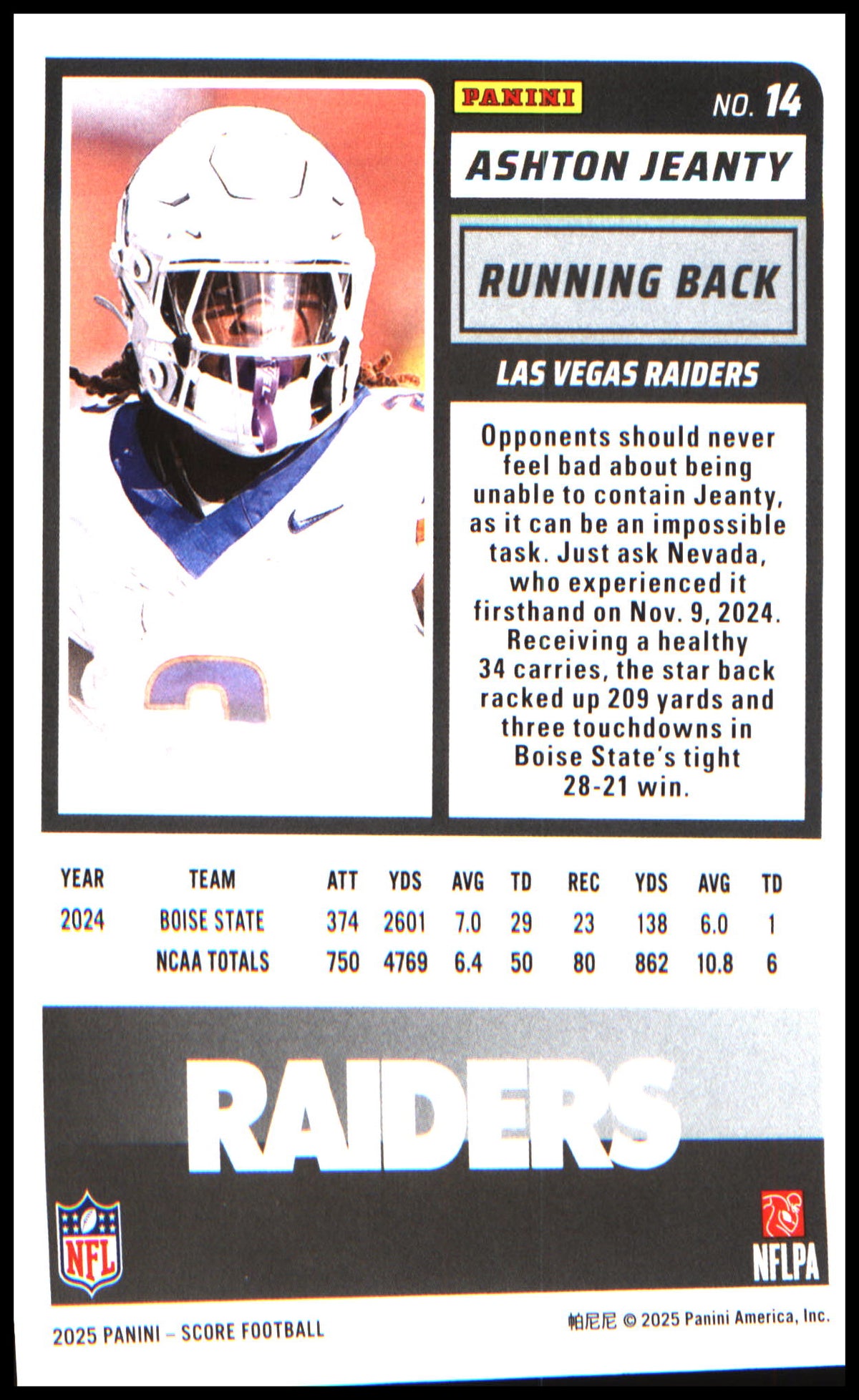Football 2025 Score #14 Ashton Jeanty RC RC