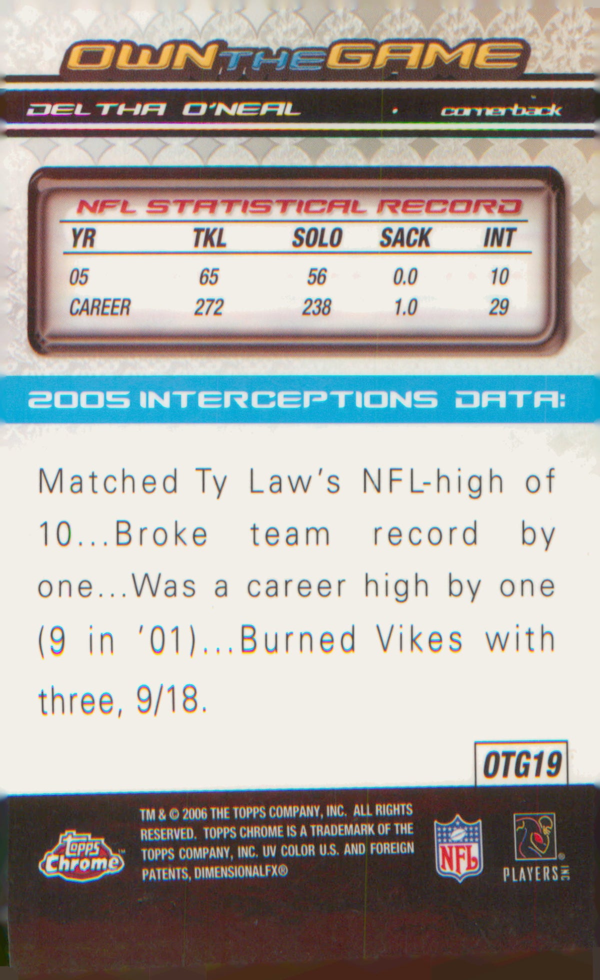 Football 2006 Topps Chrome Own The Game #OTG19 Deltha O'Neal