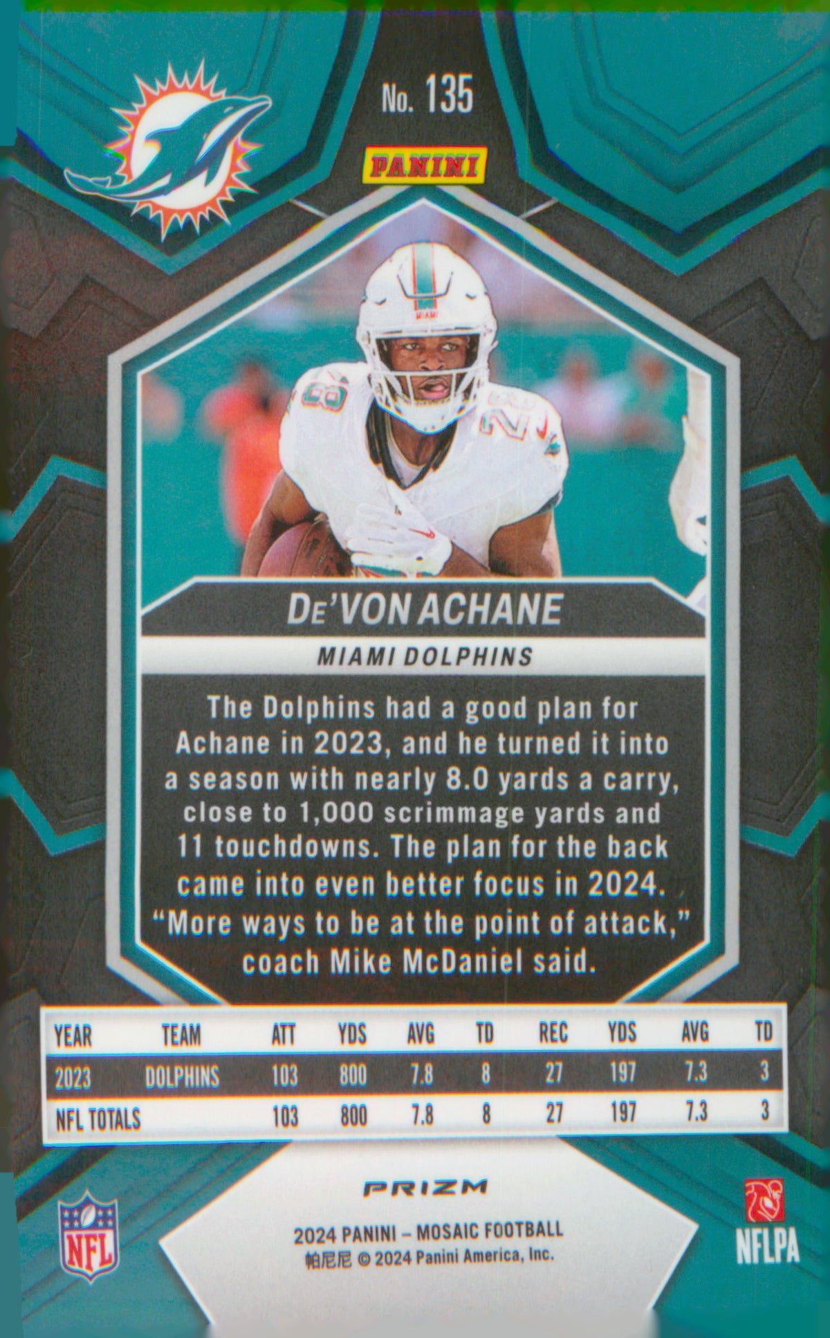 Football 2024 Panini Mosaic Mosaic Green #135 De'Von Achane