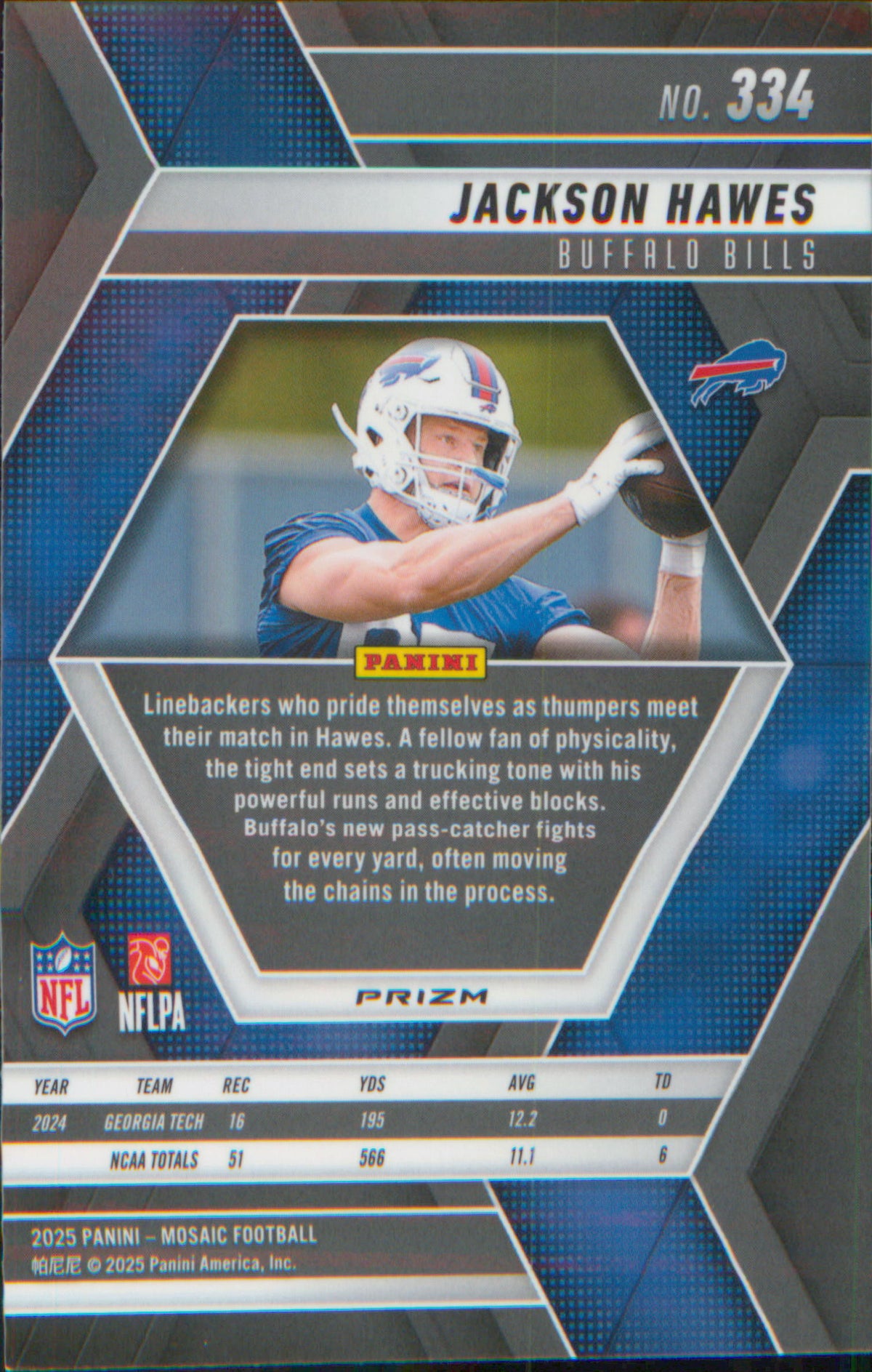 Football 2025 Panini Mosaic Blue Scope #334 Jackson Hawes RC RC