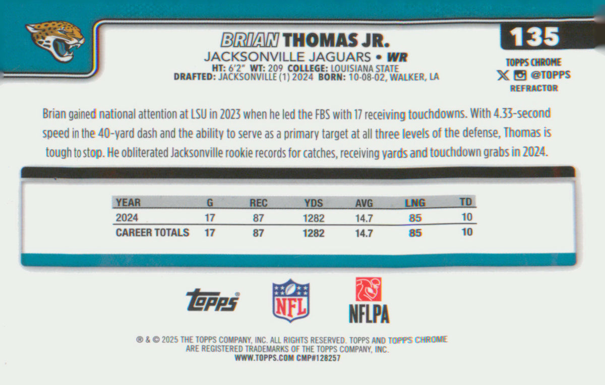 Football 2025 Topps Chrome Refractor #135 Brian Thomas Jr.