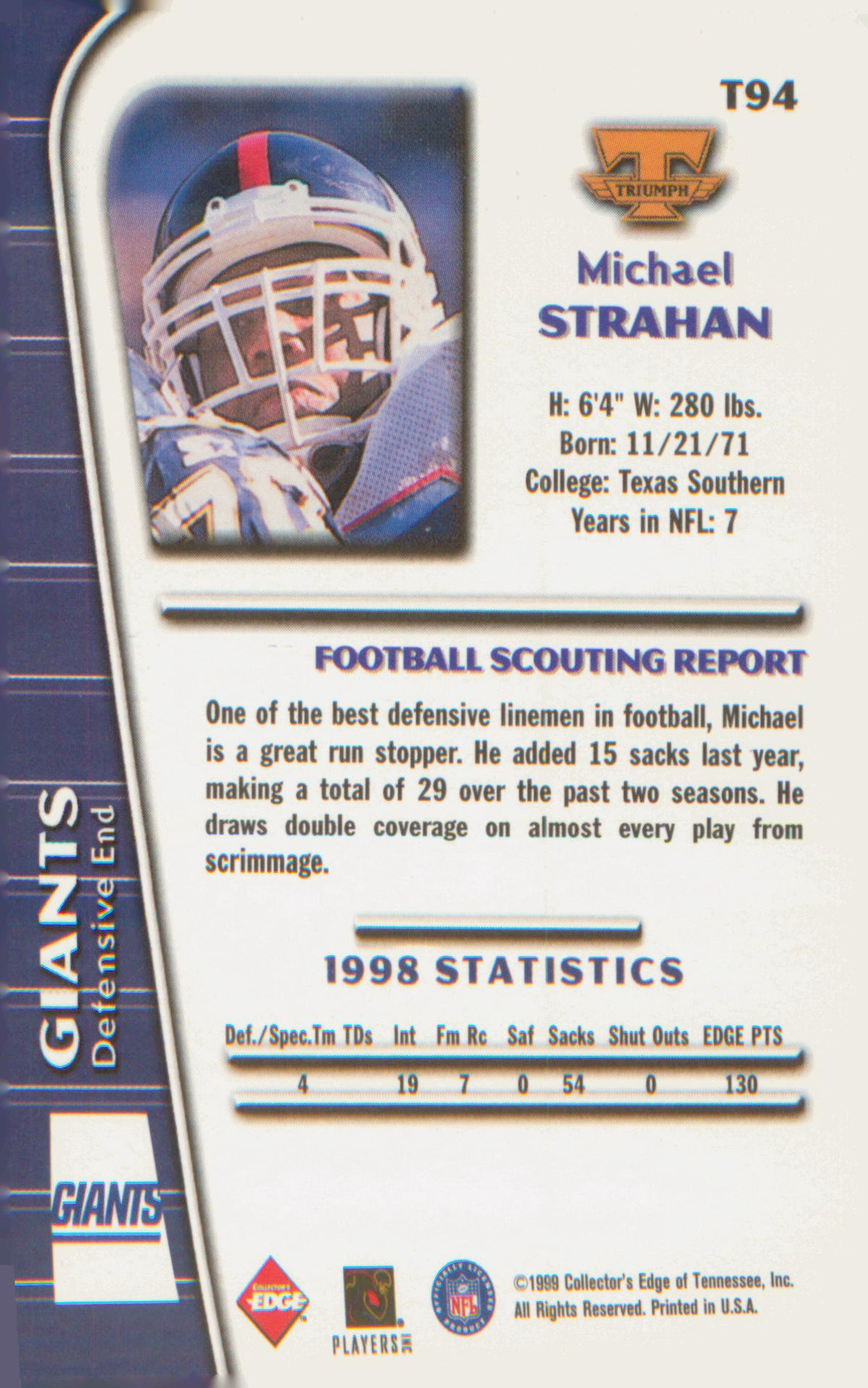 1999 Collector's Edge Triumph #T94 Michael Strahan