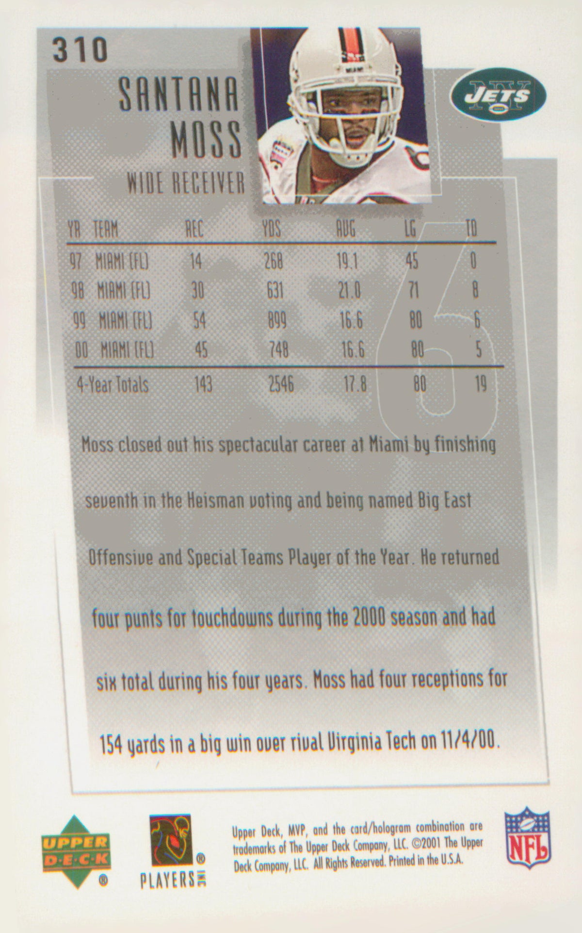 Football 2001 Upper Deck MVP #310 Santana Moss RC RC