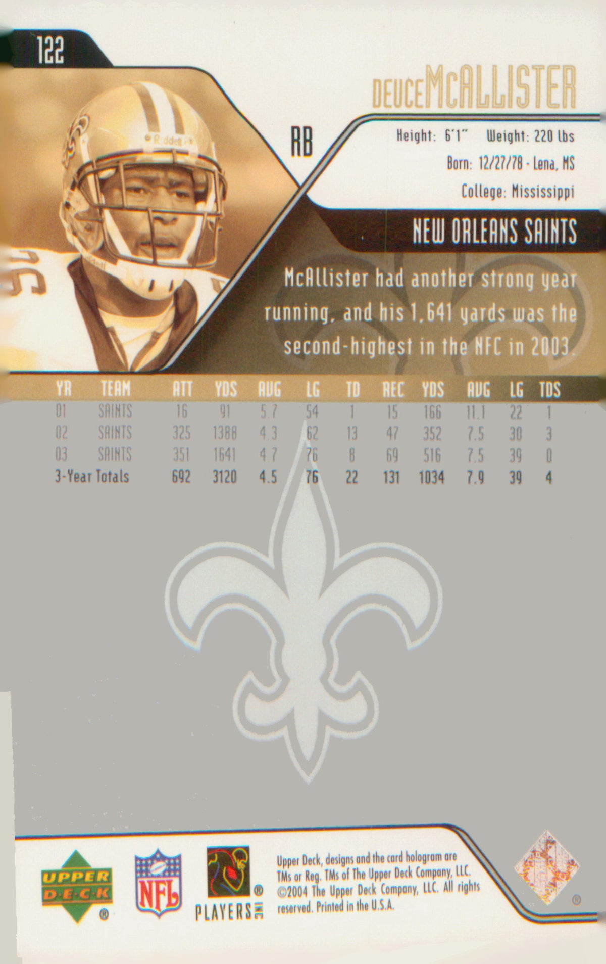 Football 2004 Upper Deck #122 Deuce McAllister