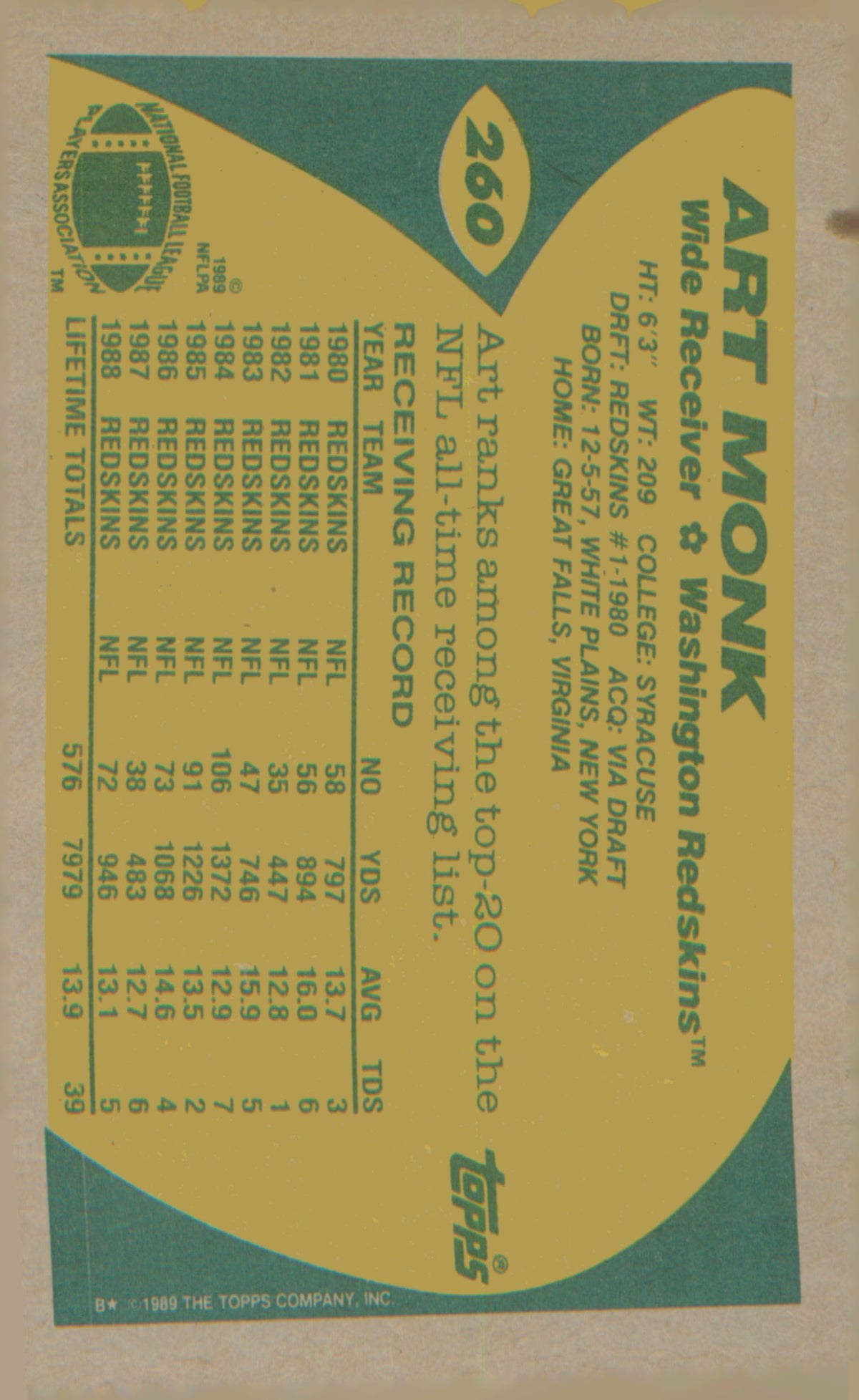 Football 1989 Topps #260 Art Monk