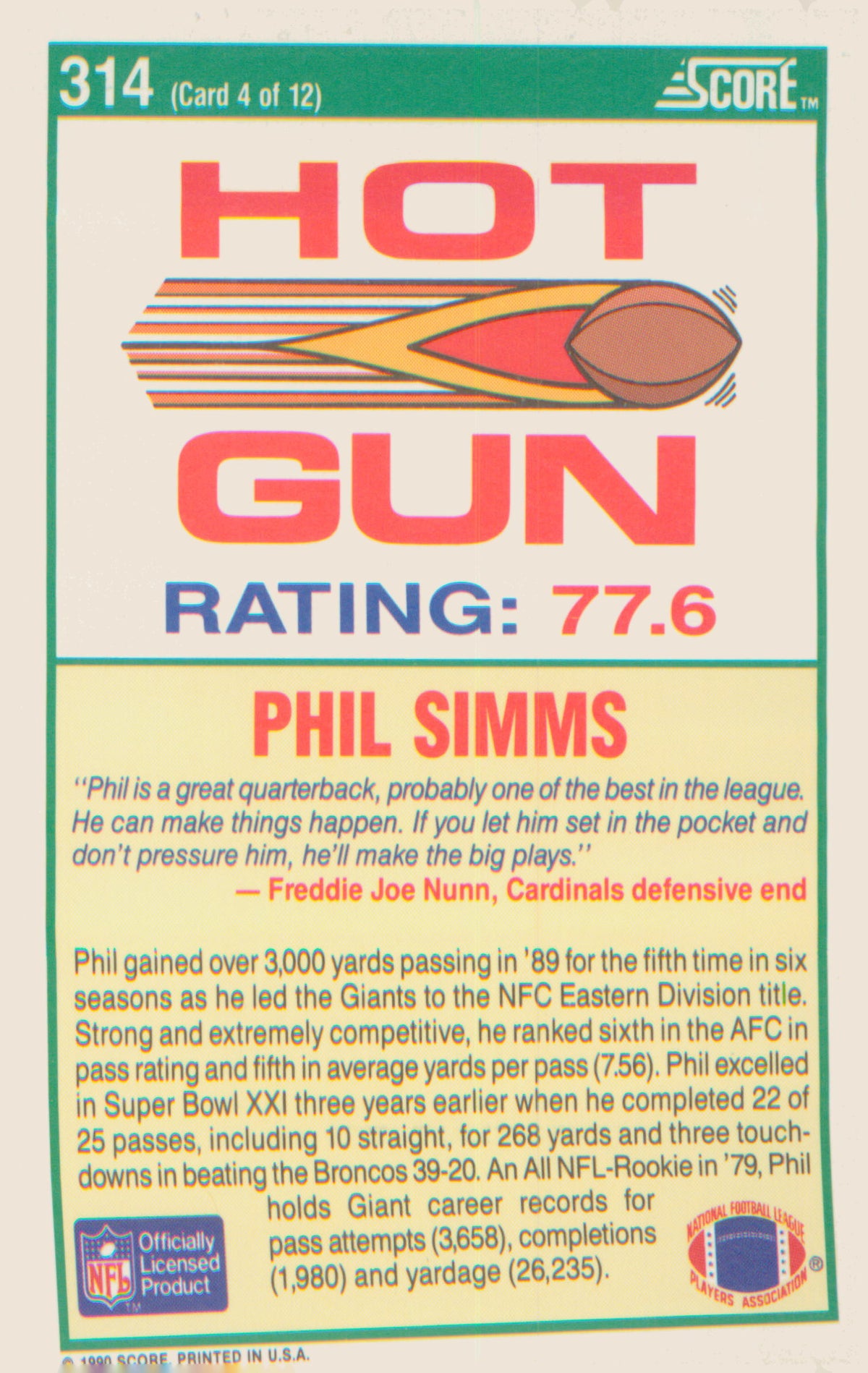 Football 1990 Score #314 Phil Simms