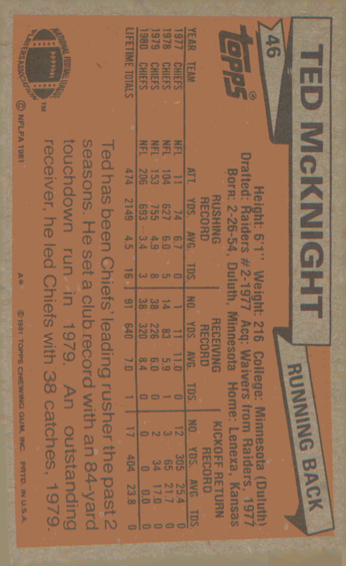 Football 1981 Topps #46 Ted McKnight