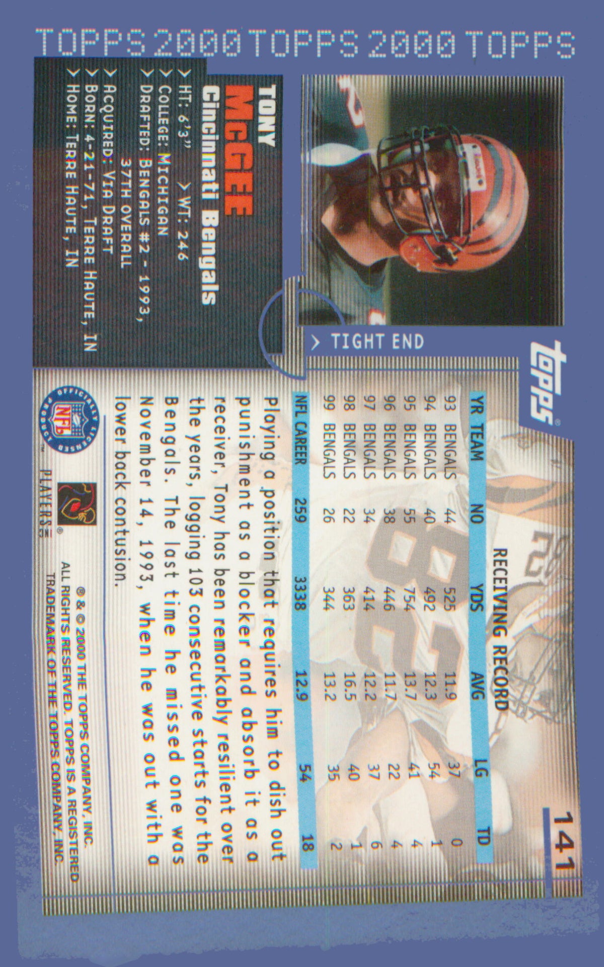 Football 2000 Topps #141 Tony McGee