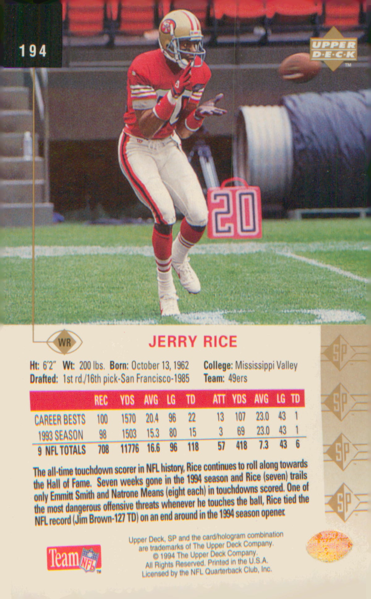 Football 1994 SP #194 Jerry Rice