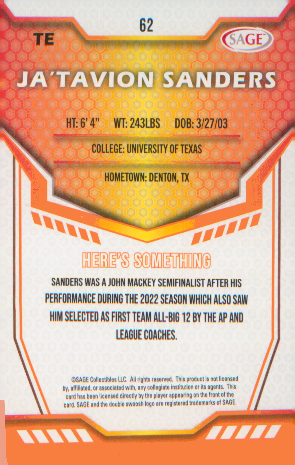 Football 2024 SAGE HIT Red #62 Ja'Tavion Sanders