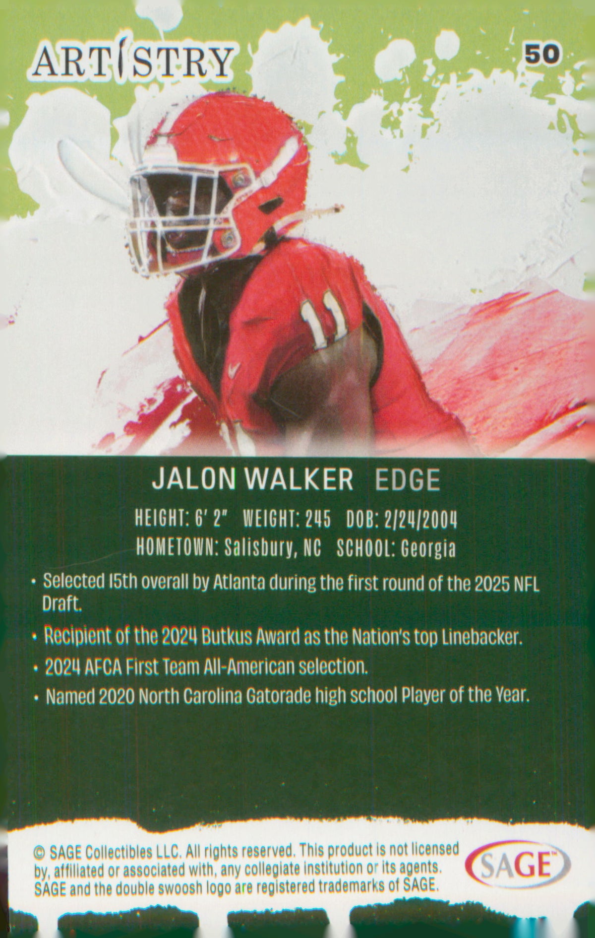 Football 2025 SAGE Artistry Red #50 Jalon Walker