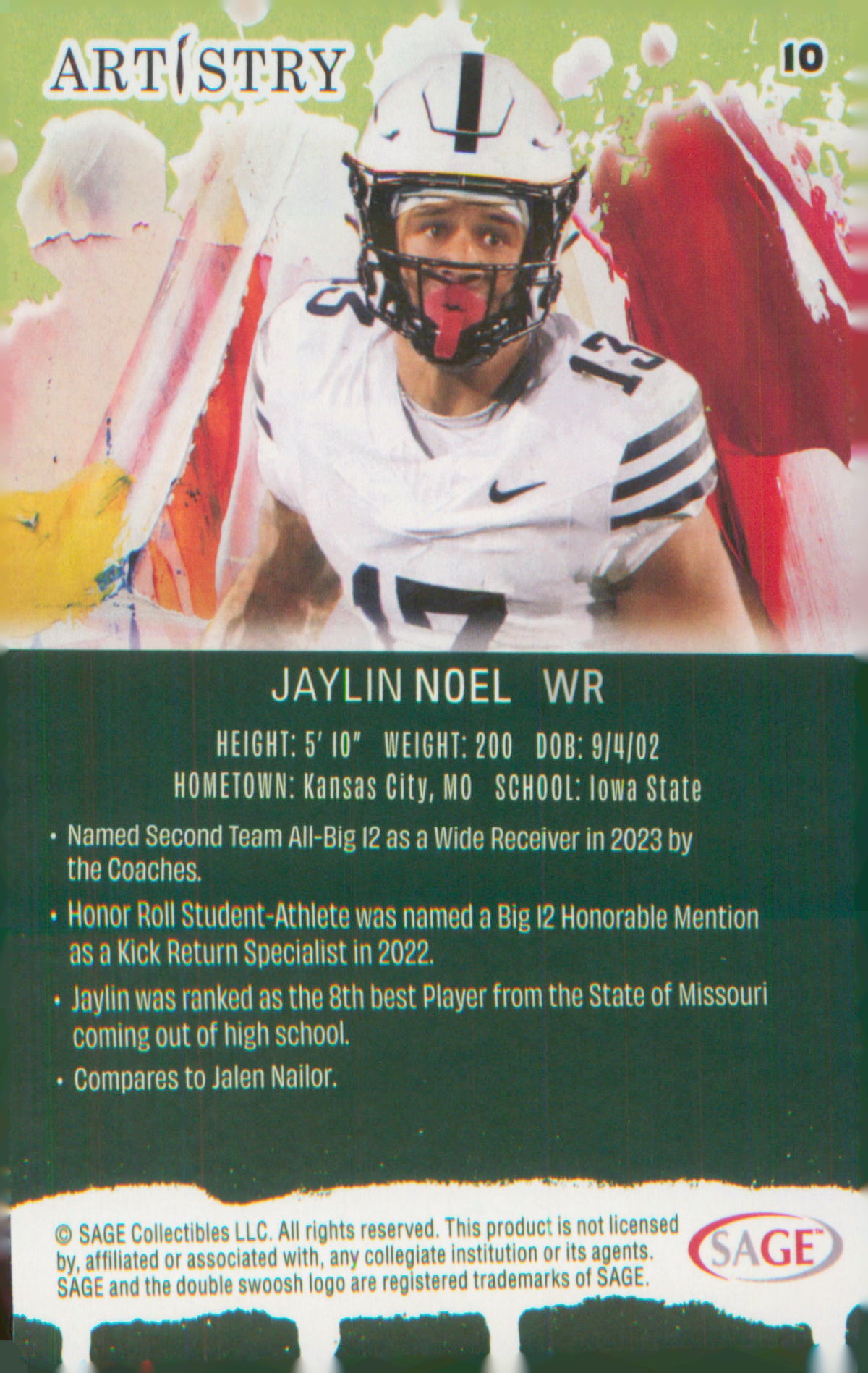 Football 2025 SAGE Artistry Red #10 Jaylin Noel