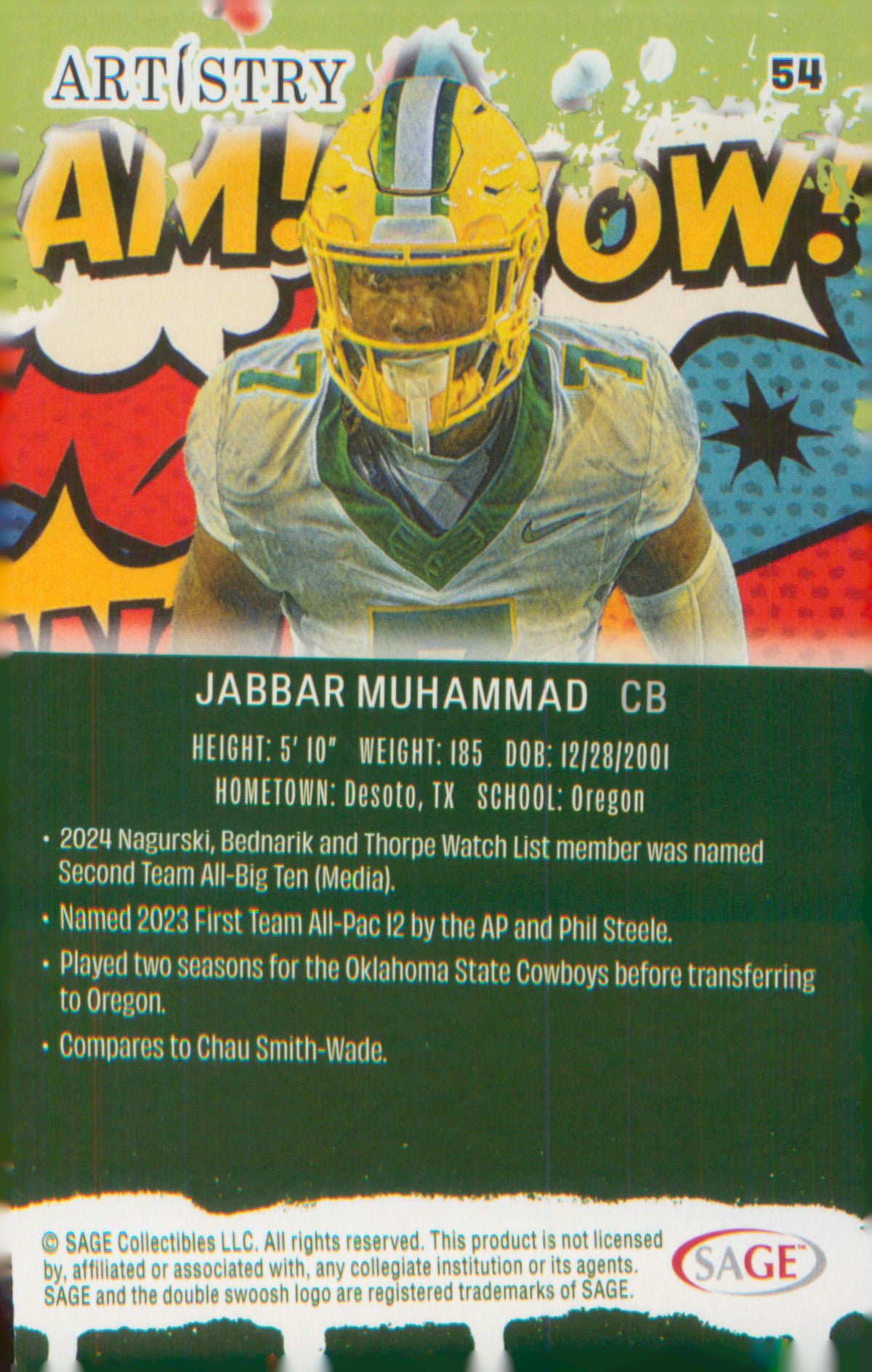 Football 2025 SAGE Artistry Bam Wow #54 Jabbar Muhammad