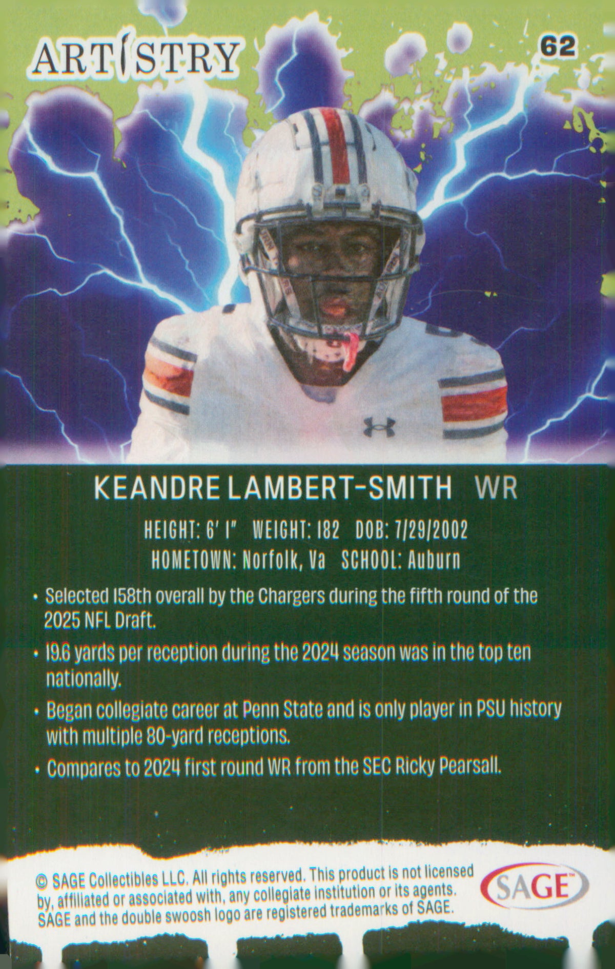 Football 2025 SAGE Artistry Blue #62 KeAndre Lambert-Smith