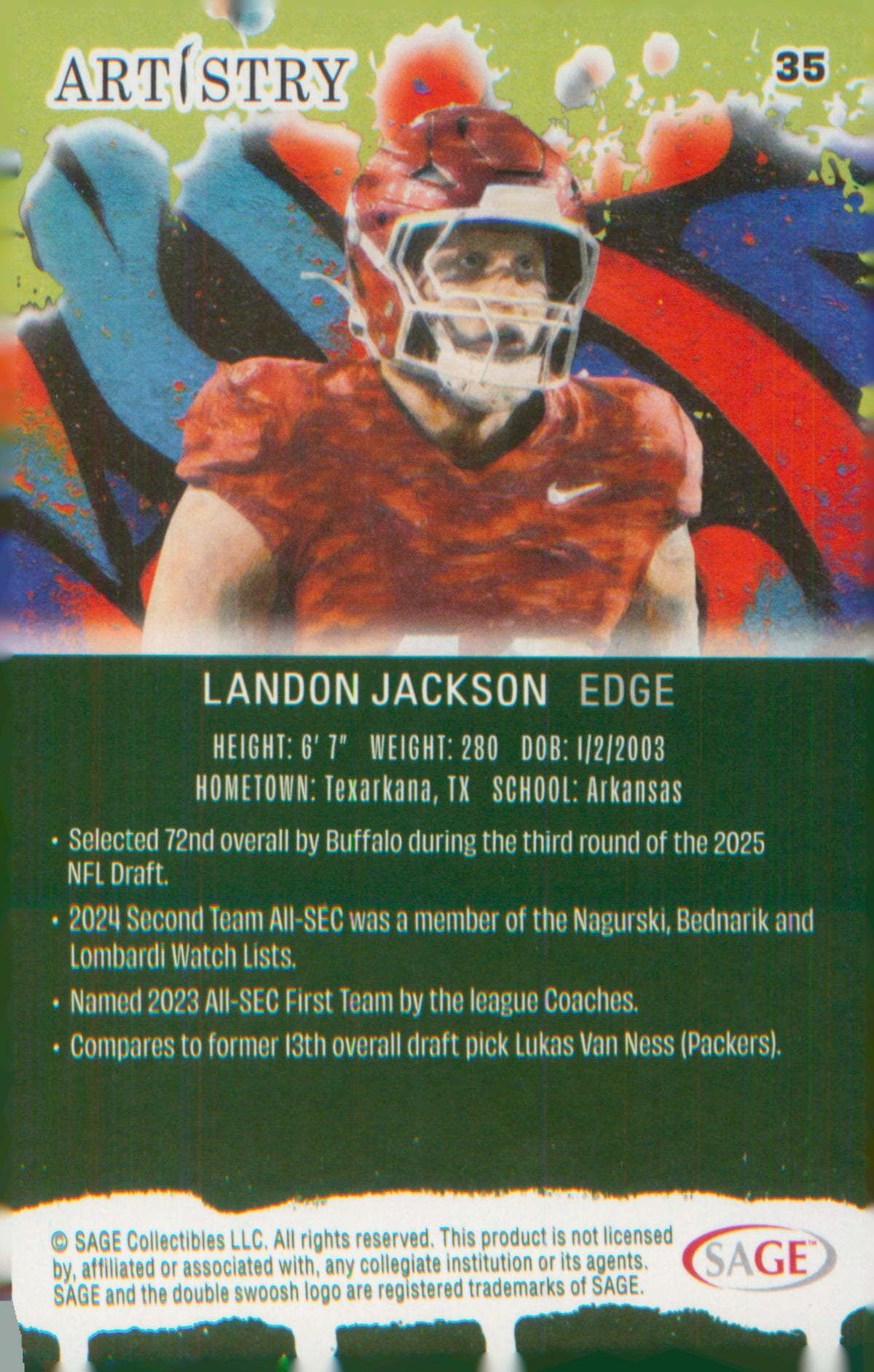 Football 2025 SAGE Artistry #35 Landon Jackson
