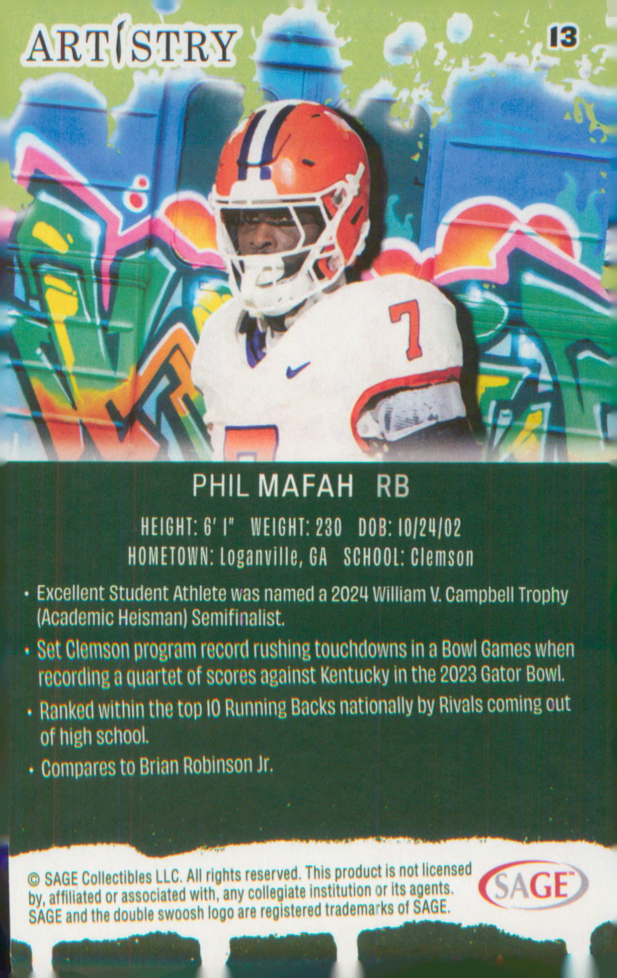 Football 2025 SAGE Artistry #13 Phil Mafah