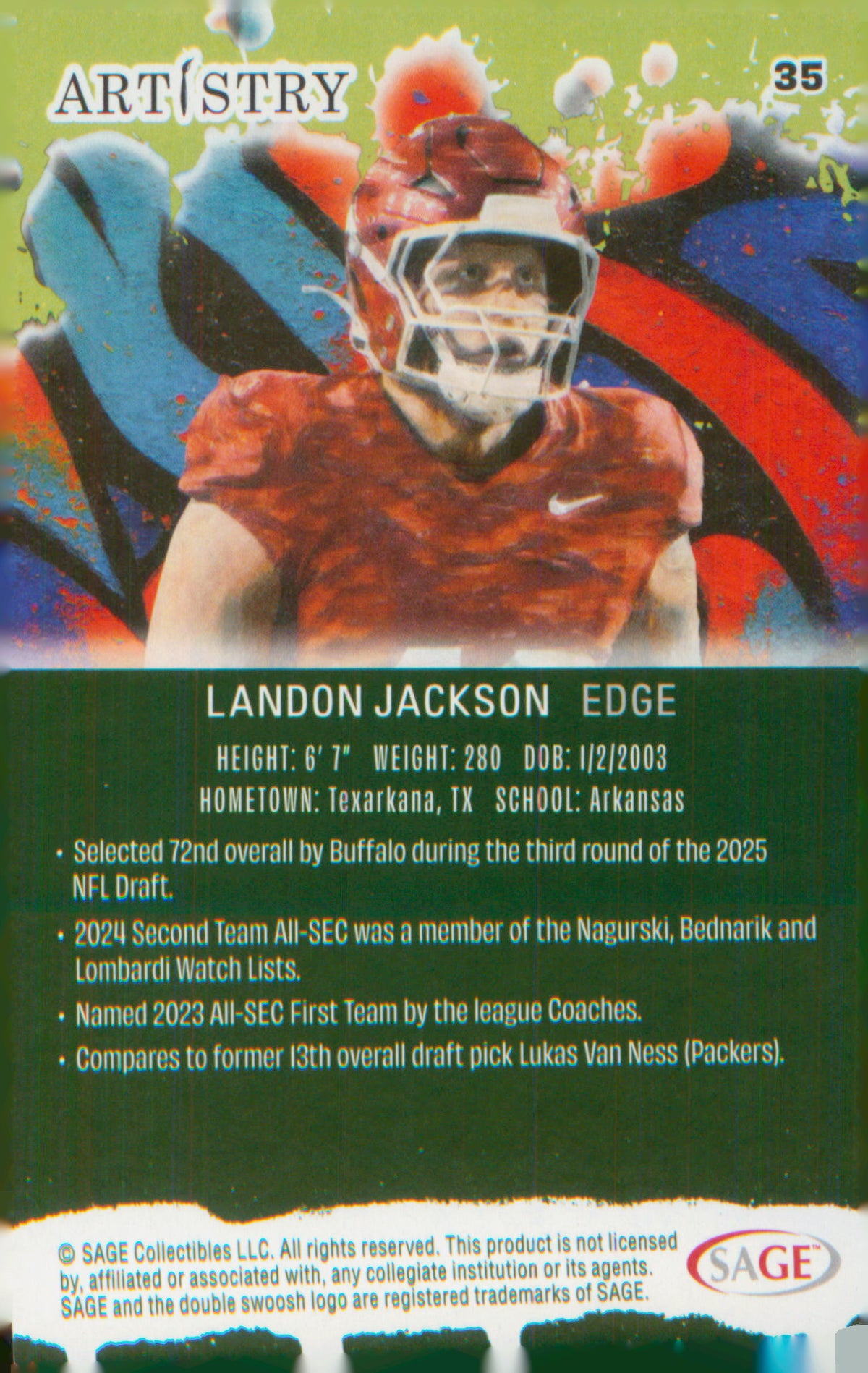 Football 2025 SAGE Artistry #35 Landon Jackson