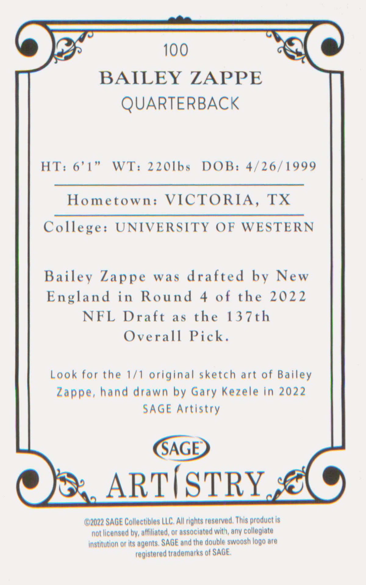 Football 2022 SAGE Artistry #100 Bailey Zappe