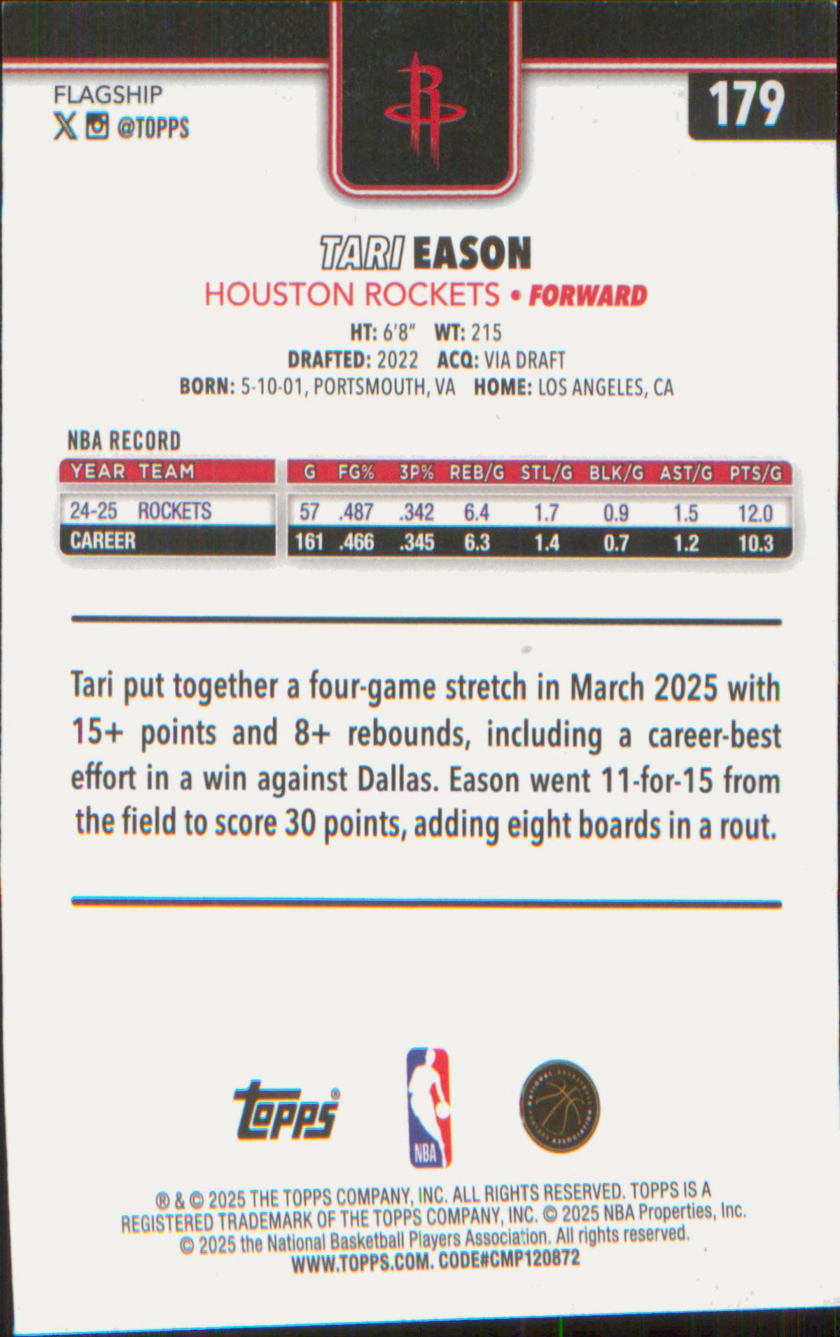 2025-26 Topps Foil Pattern #179 Tari Eason