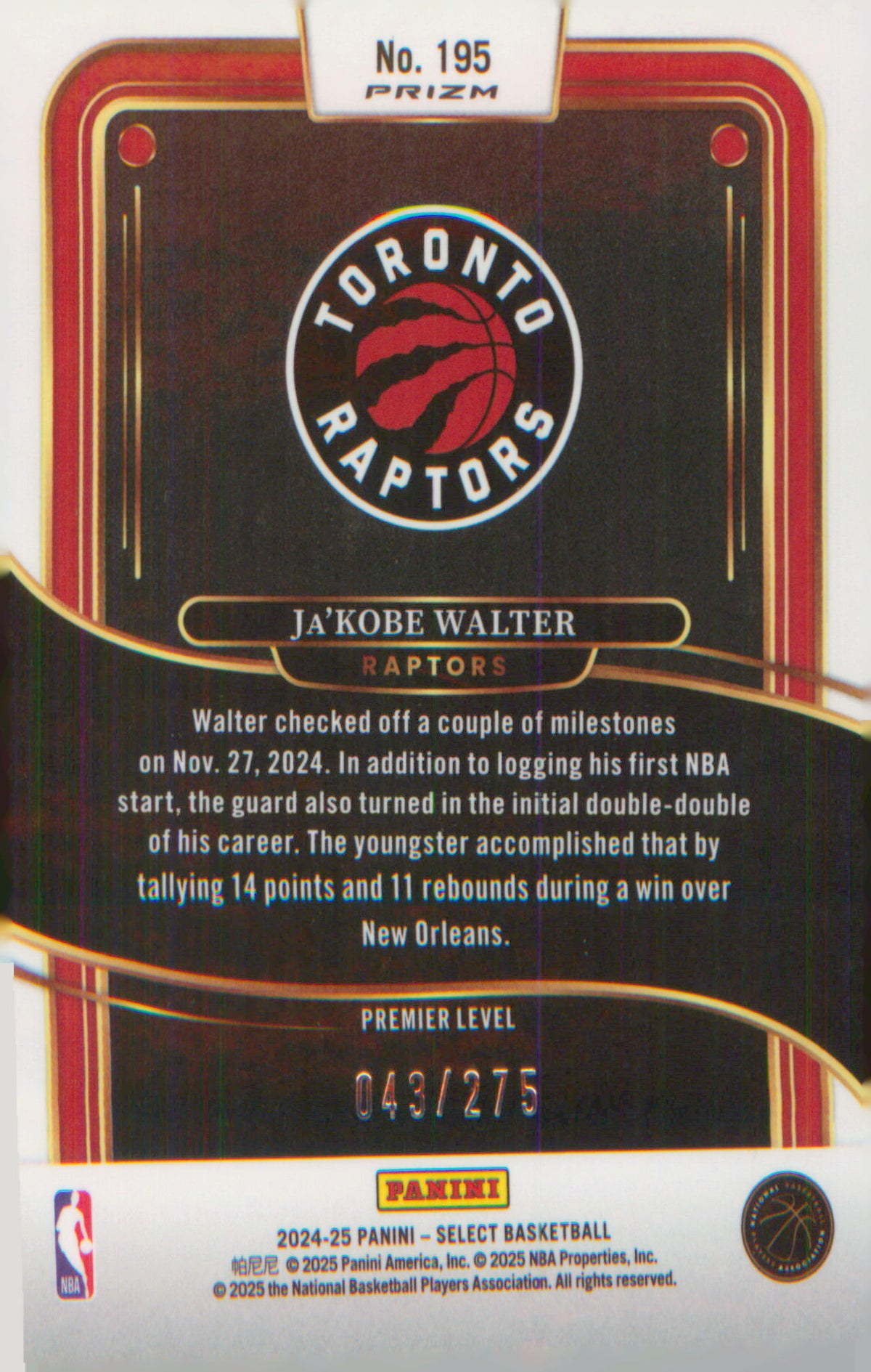 2024-25 Panini Select Orange Cracked Ice Prizm #195 Ja'Kobe Walter RC #/275