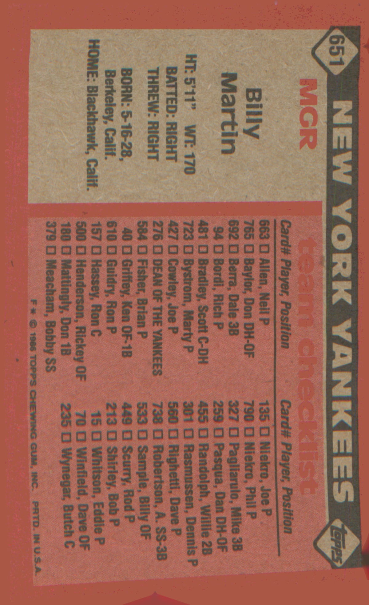 1986 Topps #651 Billy Martin