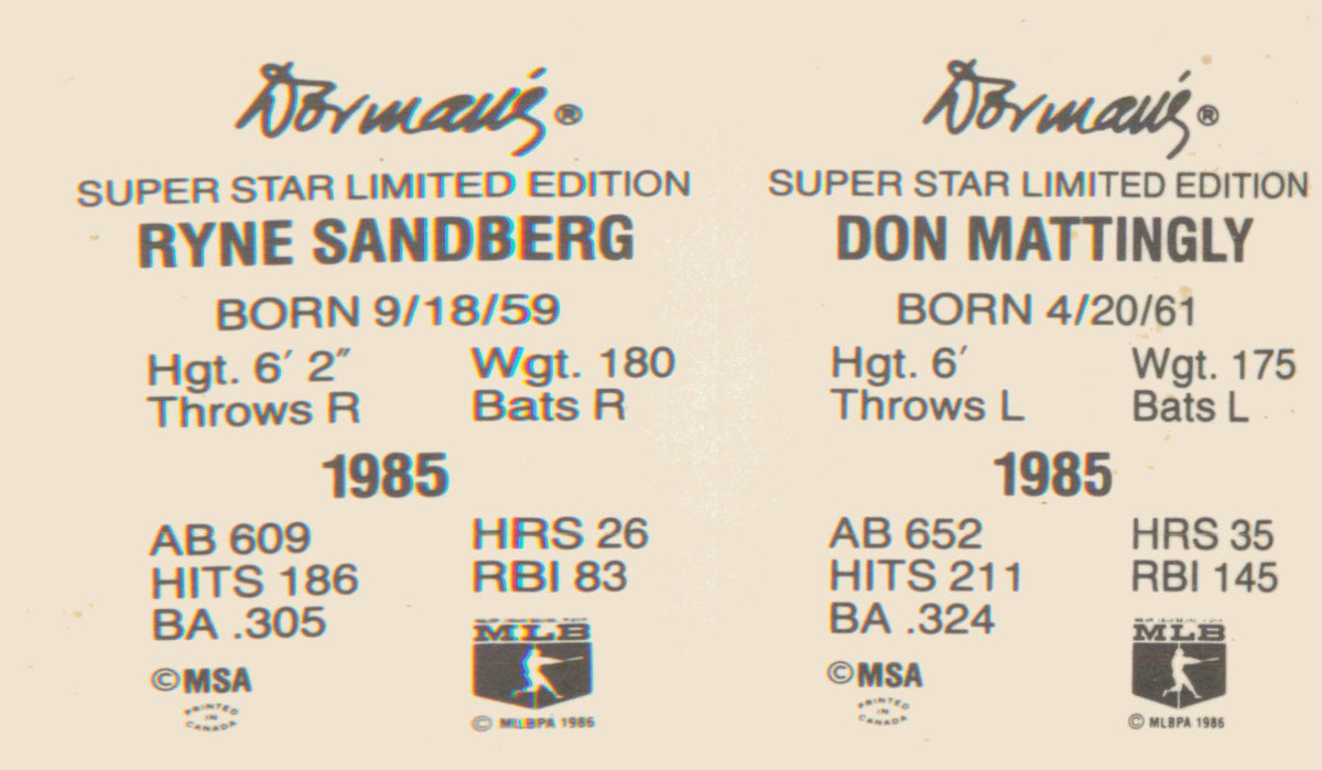 1986 Dorman's Super Stars Panels #NNO Don Mattingly / Ryne Sandberg