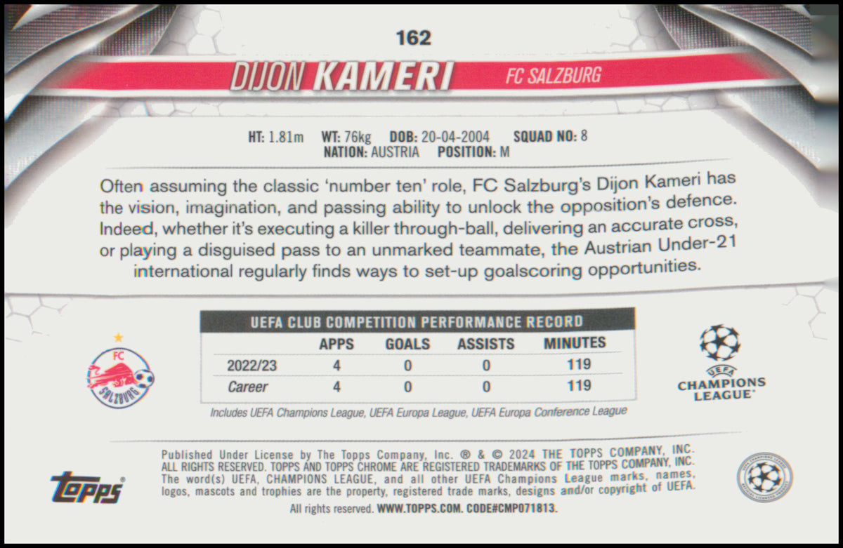 2023-24 Topps Chrome UEFA Club Competitions #162 Dijon Kameri