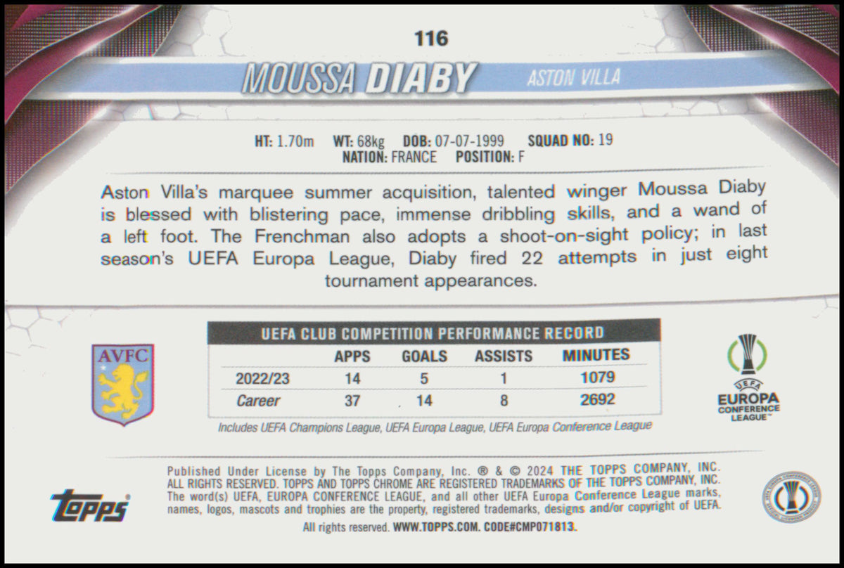 2023-24 Topps Chrome UEFA Club Competitions Refractor #116 Moussa Diaby