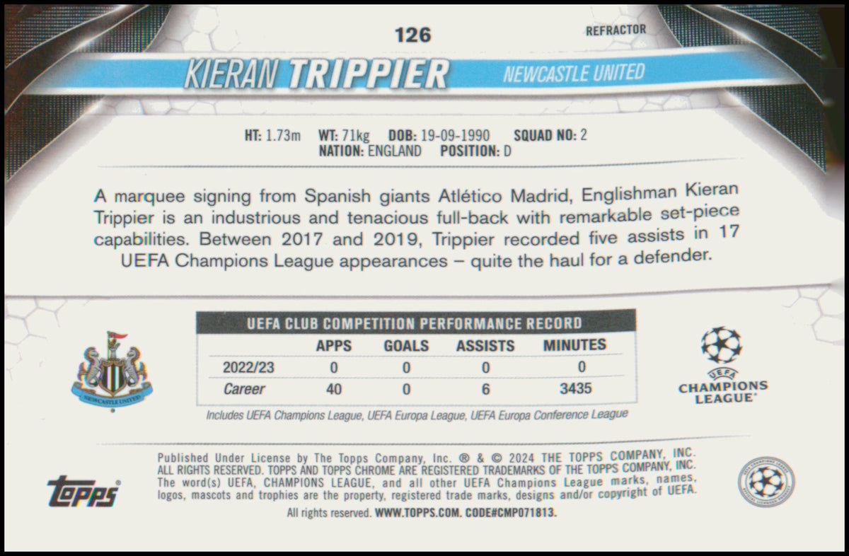 2023-24 Topps Chrome UEFA Club Competitions Refractor #126 Kieran Trippier