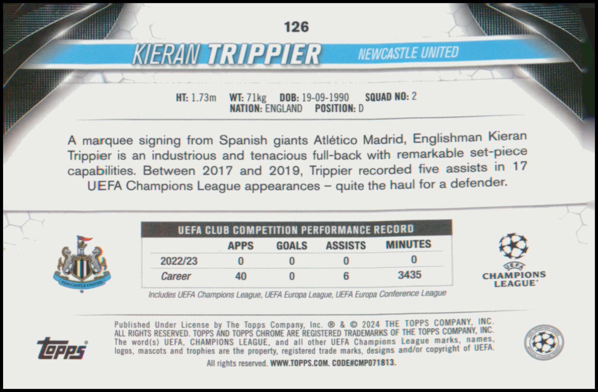 2023-24 Topps Chrome UEFA Club Competitions #126 Kieran Trippier