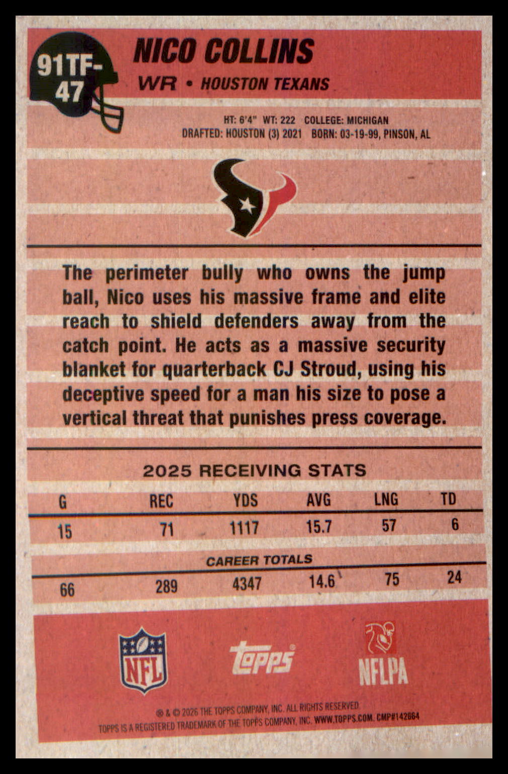 2026 Topps 1991 Topps Flagship Football Crackle Foil #91TF-47 Nico Collins