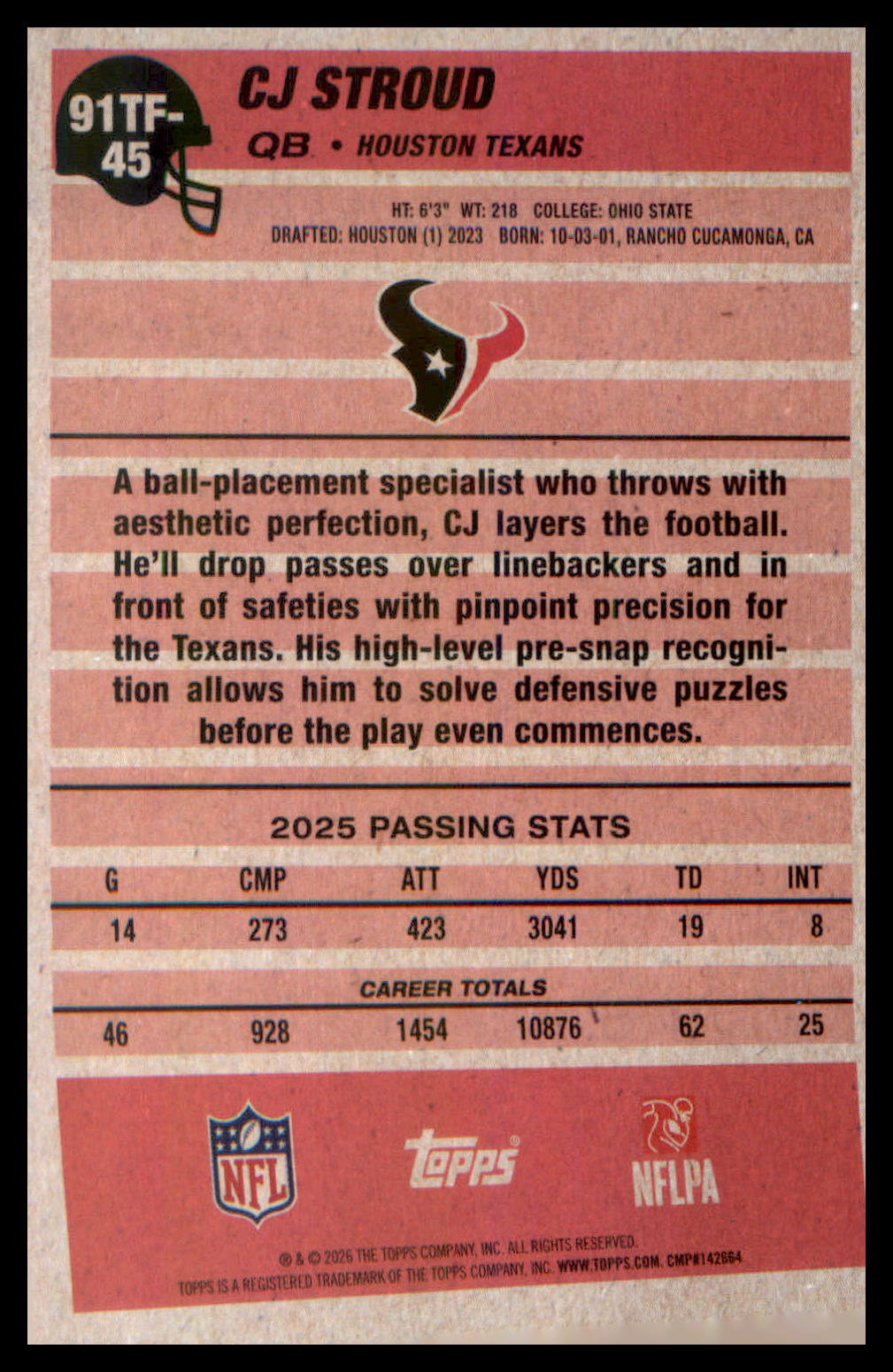 2026 Topps 1991 Topps Flagship Football Pink Crackle Foil #91TF-45 CJ Stroud