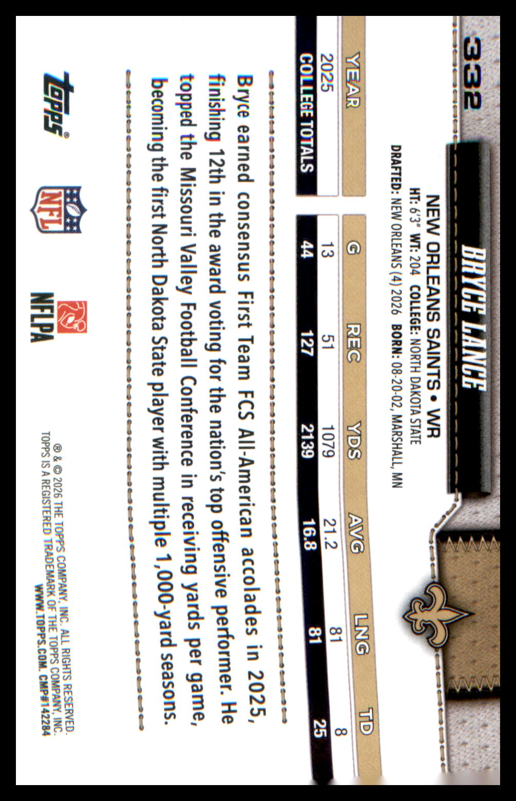 2026 Topps Flagship Football Rookies #332 Bryce Lance