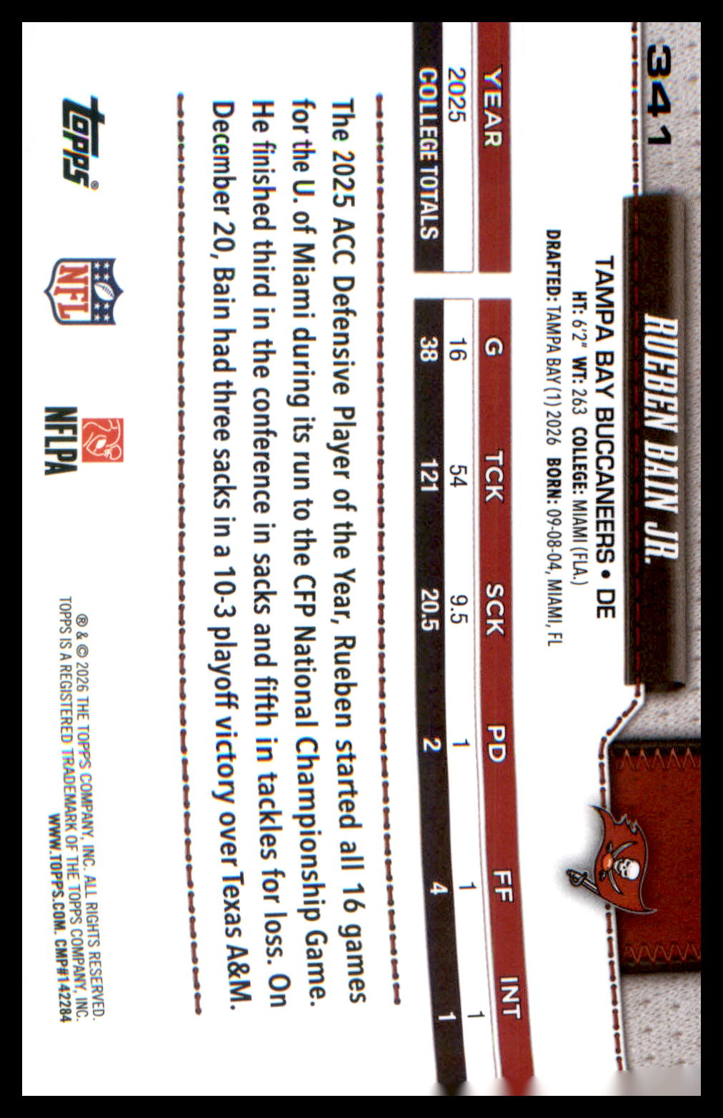 2026 Topps Flagship Football Rookies #341 Rueben Bain Jr.
