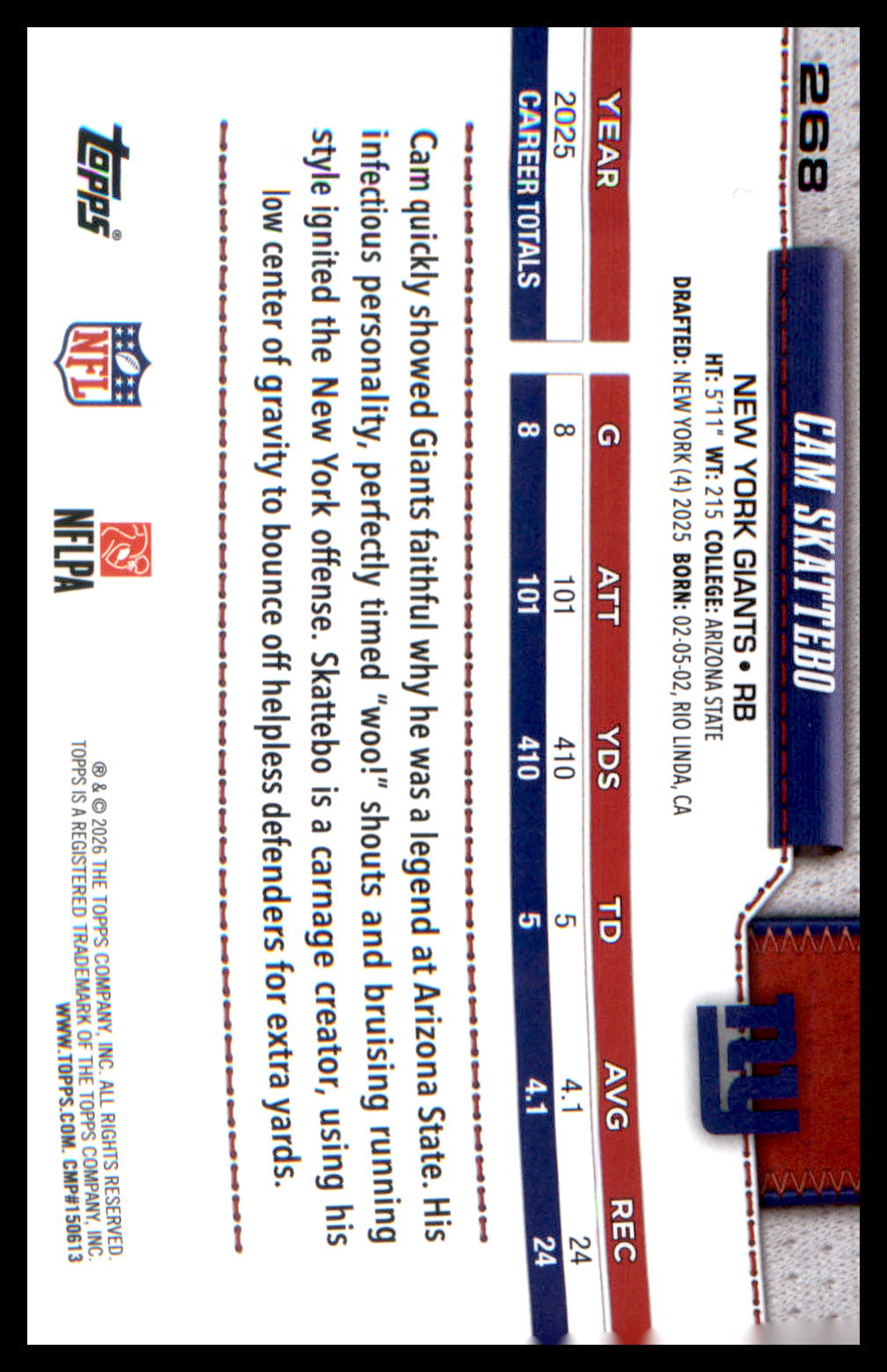 2026 Topps Flagship Football Future Stars #268 Cam Skattebo