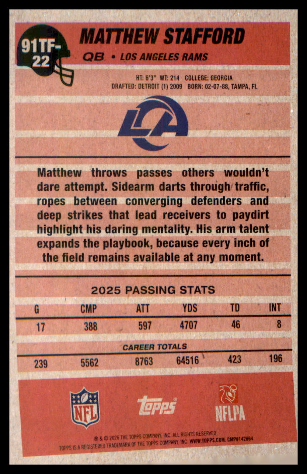 2026 Topps Flagship 1991 Topps Flagship Football #91TF-22 Matthew Stafford