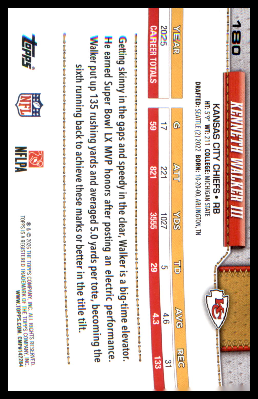 2026 Topps Flagship Football #180 Kenneth Walker III