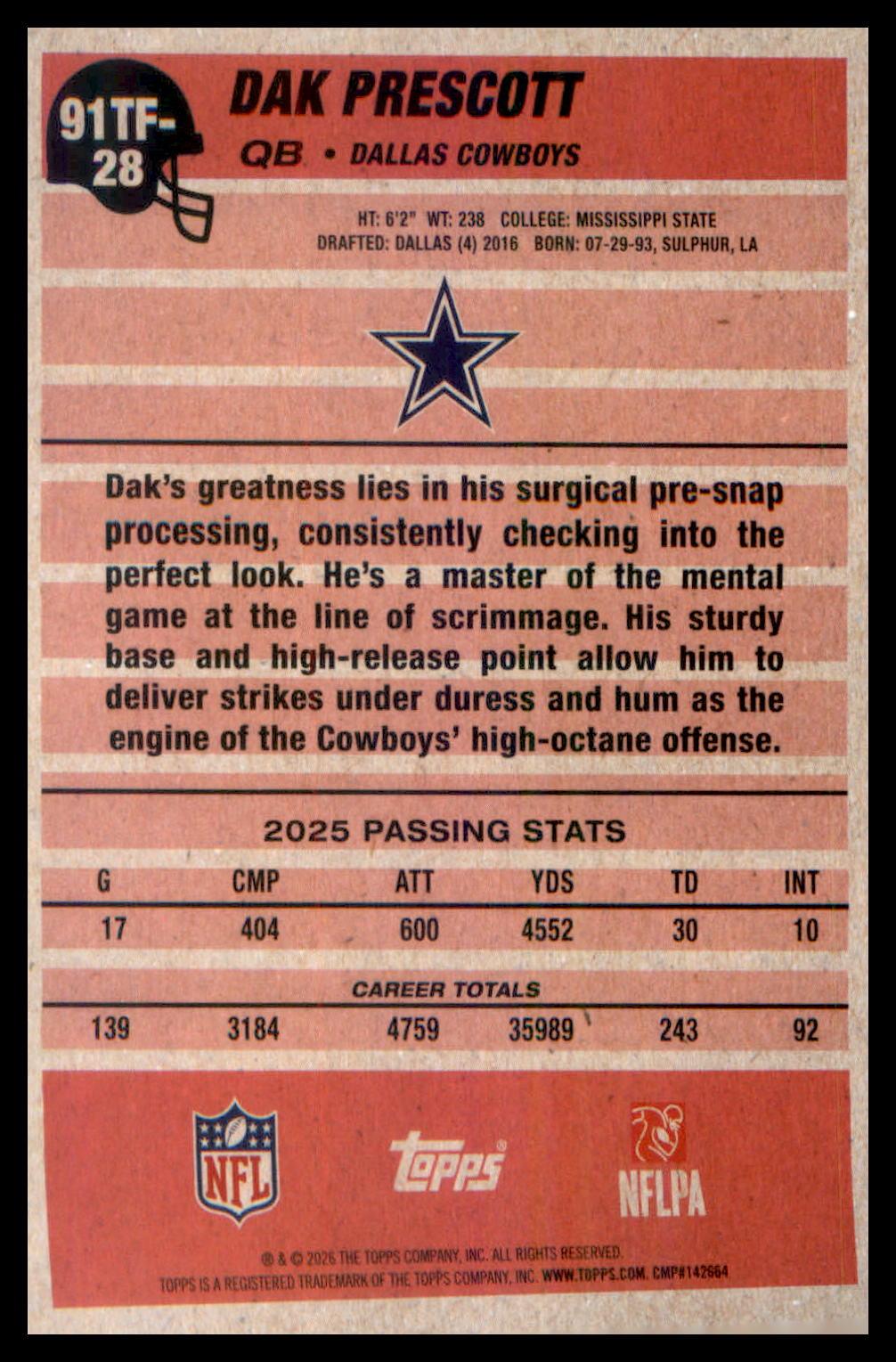 2026 Topps Flagship 1991 Topps Flagship Football #91TF-28 Dak Prescott