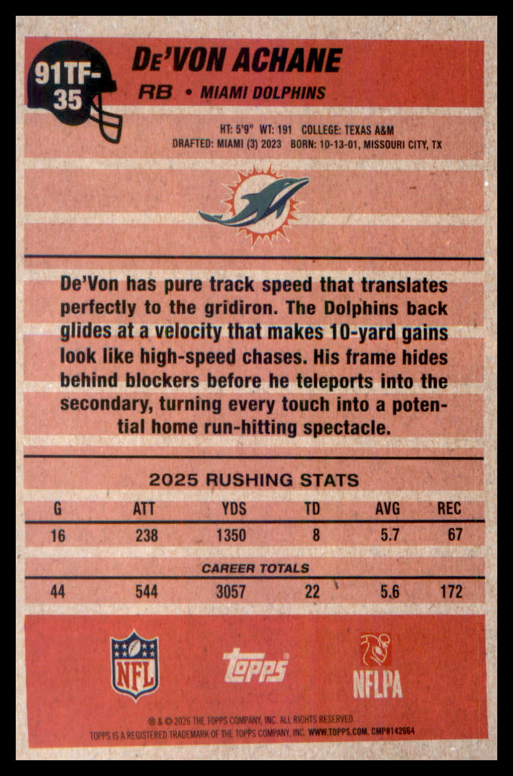 2026 Topps Flagship 1991 Topps Flagship Football #91TF-35 De'Von Achane