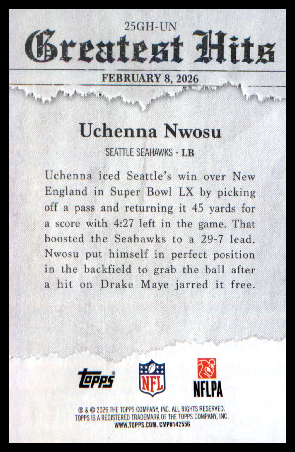 2026 Topps Flagship 2025 Greatest Hits #25GH-UN Uchenna Nwosu