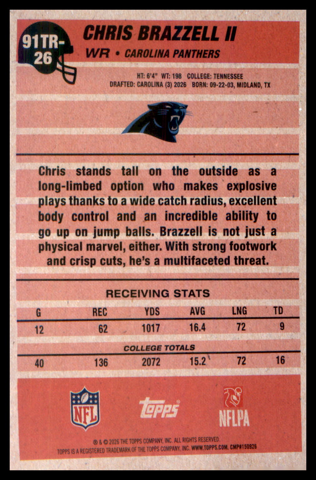 2026 Topps 1991 Topps Football Rookies Crackle Foil #91TR-26 Chris Brazzell II