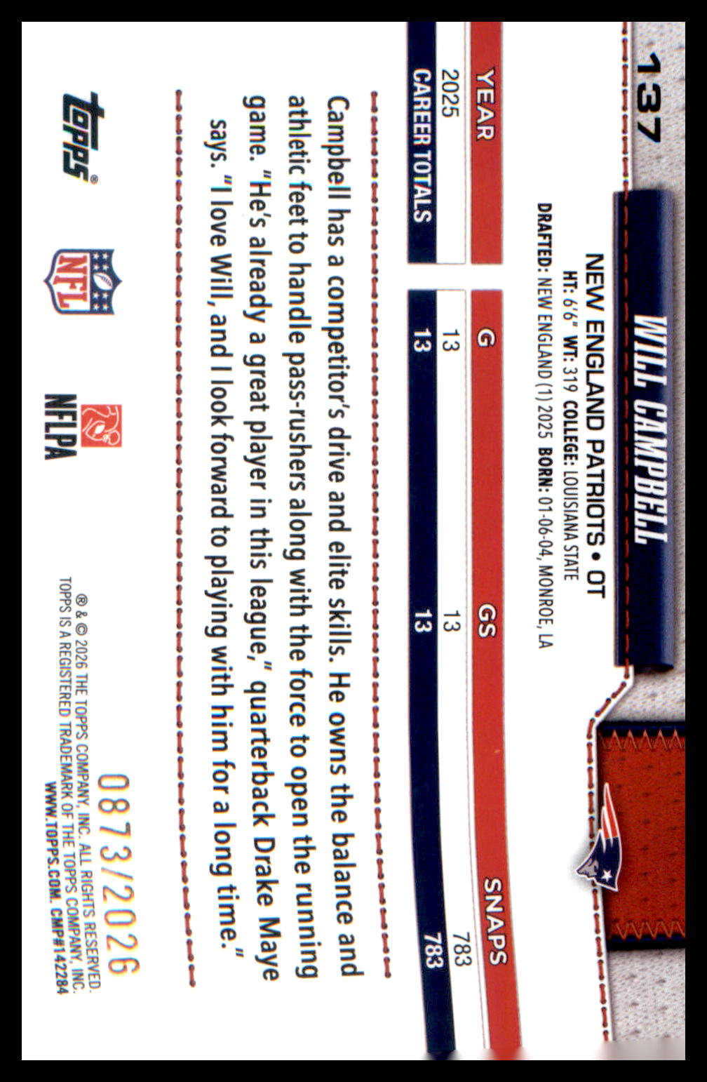 2026 Topps Flagship Football Gold #137 Will Campbell #/2026