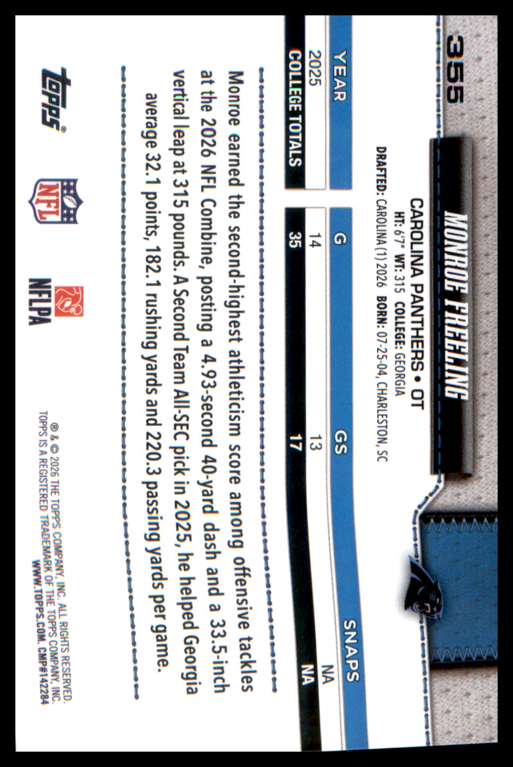 2026 Topps Flagship Football Rookie Card #355 Monroe Freeling