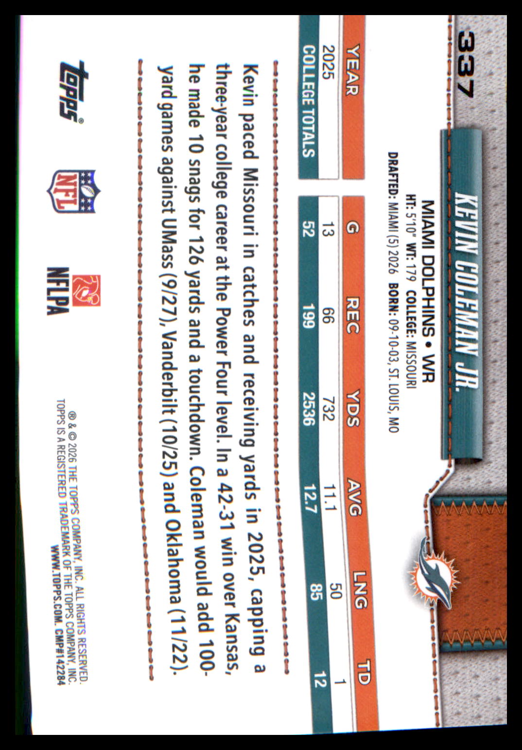 2026 Topps Flagship Rookie Card #337 Kevin Coleman Jr.