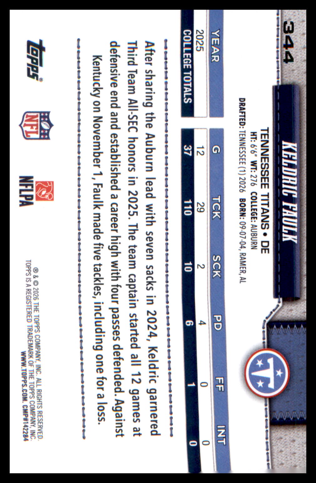 2026 Topps Flagship Rookie Card #344 Keldric Faulk
