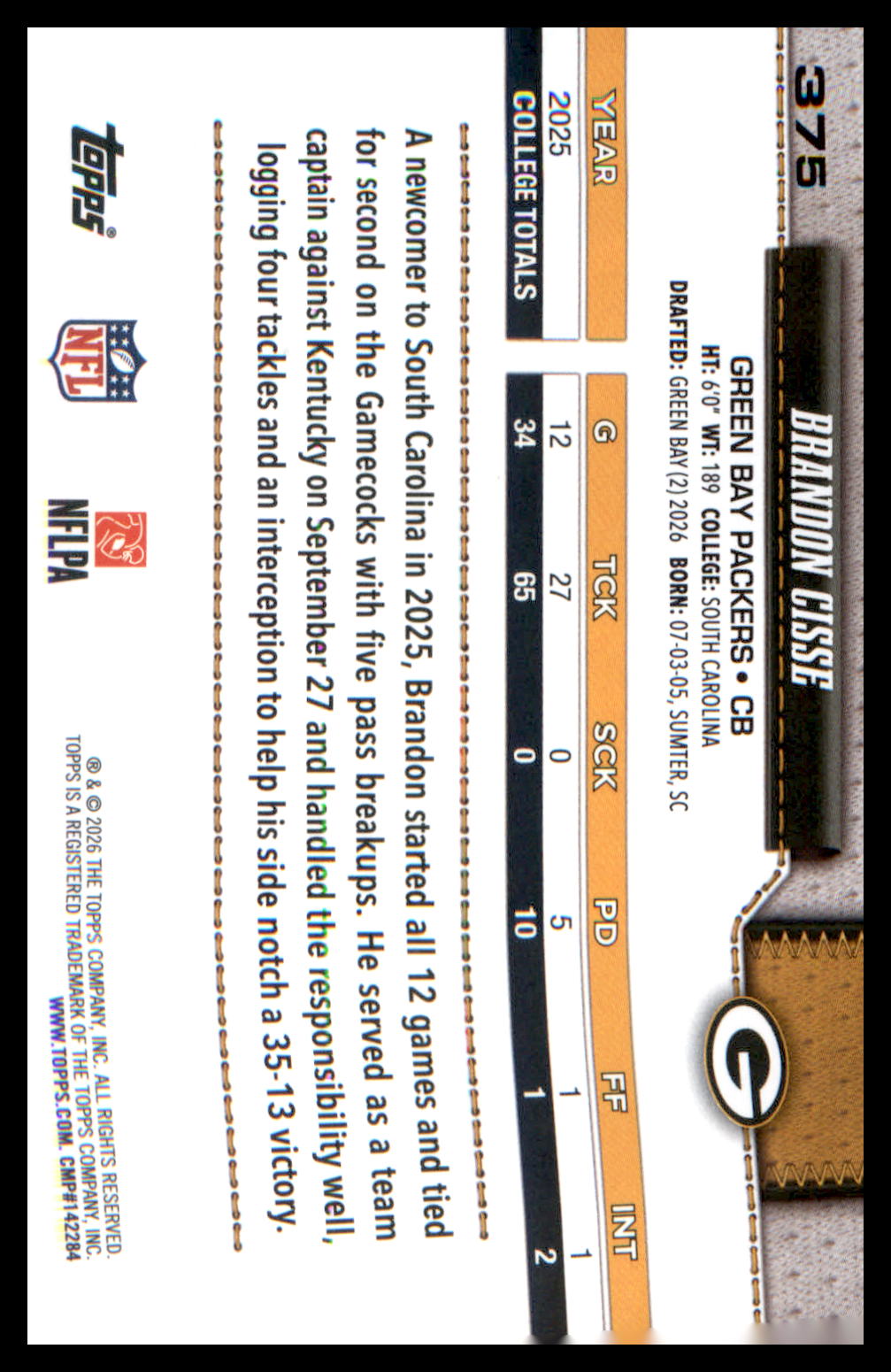 2026 Topps Flagship Football Rookie Card # Brandon Cisse